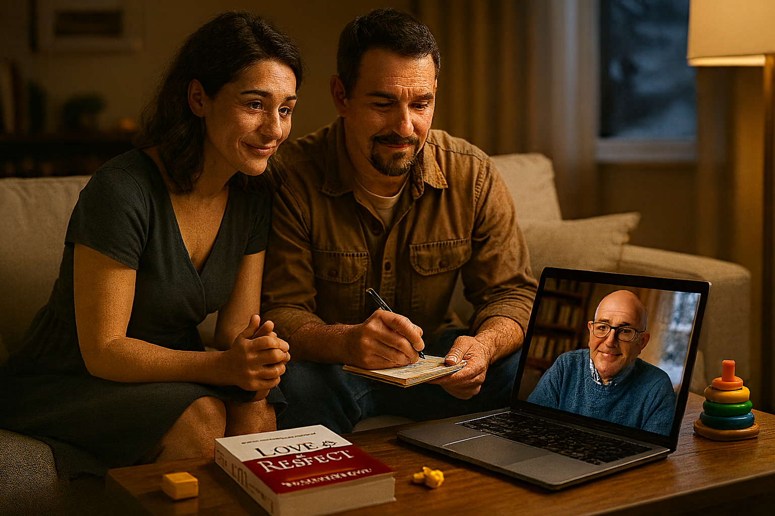 A couple participating in a virtual therapy session with Paul Runyan